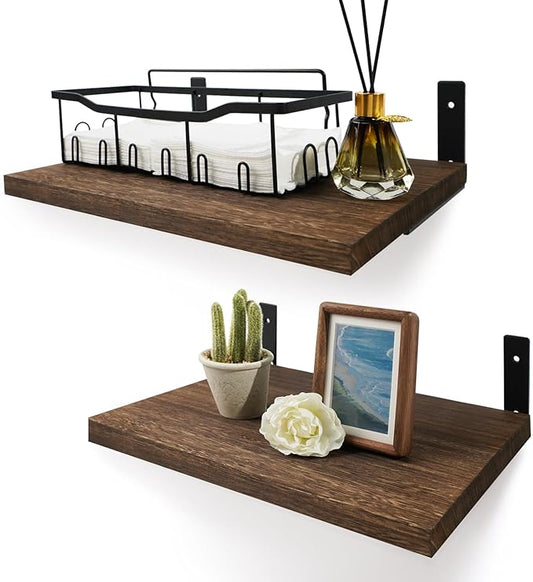 Floating Shelves, 12" Deep, Large Capacity Wood Wall Mounted Rustic Farmhouse Shelves for Home Decor(Living Room Kitchen Bathroom Bedroom),Storage and Display Shelf 2 Set (Dark Brown)