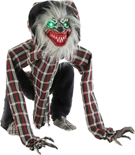 Haunted Hill Farm Squatting Werewolf Animatronic with Movement,Sounds,and Light-Up Eyes for Scary Halloween Decoration,24 x 18 x 30
