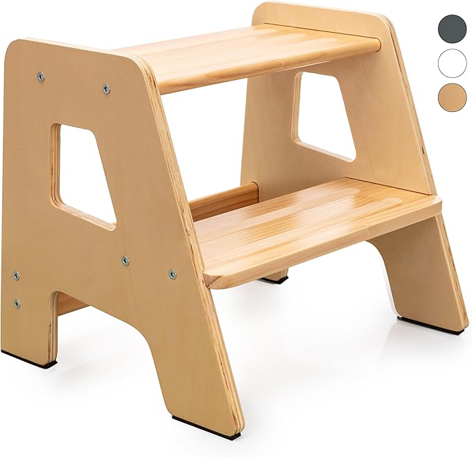 Wooden Step Stools for Kids - Sturdy, Non-Slip, Non-Tip Toddler Step Stool for Bathroom Sink for Your Little Girl or Boy - Varnished