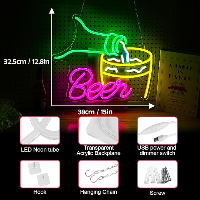 Beer Neon Sign Beer Pouring Led Sign For Beer Bar Neon Night Light Decor Wall Decor Dimmable Man Cave Light Up Sign For Bedroom Home Bar Shop Pub Bistro Open Beer Club Party Hotel Game
