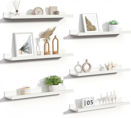 upsimples Floating Shelves for Wall, Wall Shelves for Decor Storage Set of 6, Wall Mounted Wood Shelves for Bedroom, Living Room, Bathroom, Kitchen, 23.6 inch Long Picture Ledge Shelves, White