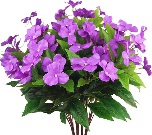 4 Pcs Artificial Flowers Outdoor Impatiens UV Resistant Silk Impatiens Flowers Purple Faux Flowers Impatiens Bushes Artificial Impatiens for Pot Patio Lawn Garden Hanging Basket Porch Decor