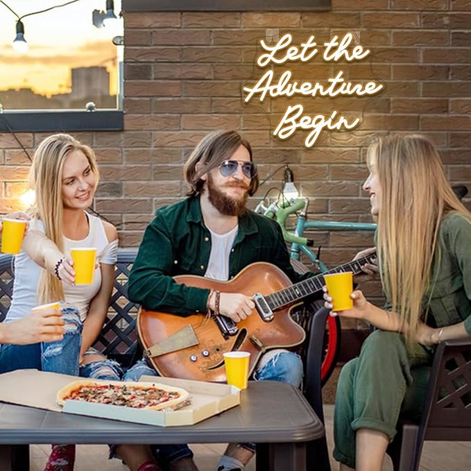 NOSUN Let The Adventure Begin Neon Sign, Warm White Neon Signs for Wall Decor, Dimmable Let's Party Led Sign, Funny Neon Lights for Bedroom Home Club Bar Wedding Engagement Birthday Party Decor