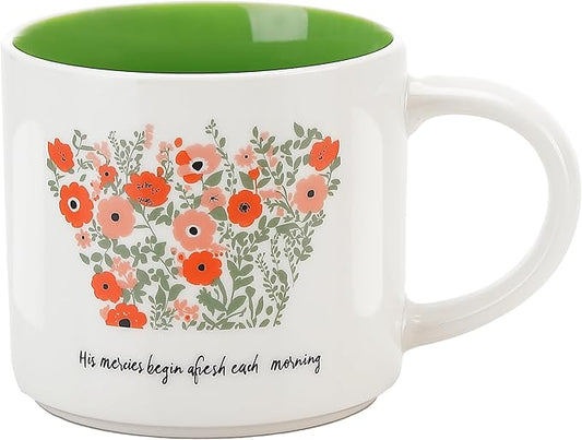 Blooming Floral Ceramic Mug 15 OZ (450ml) - His Mercies Begin Afresh Each Morning - Faith Inspired Coffee Cup with Botanical Design - Microwave & Dishwasher Safe