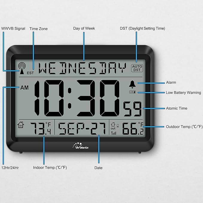 WallarGe Atomic Clock with Indoor Outdoor Temperature, Self-Setting Digital Wall Clock Battery Operated, 4 Time Zones, DST