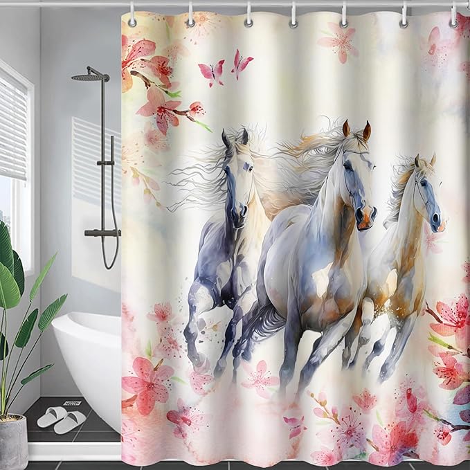 AILONEN Girls Flower Horse Shower Curtain for Bathroom,Galloping Horse Bath Curtain,Pink Watercolor Floral Horse Waterproof Curtain with 12 Plastic Hooks, 60" W*72" H
