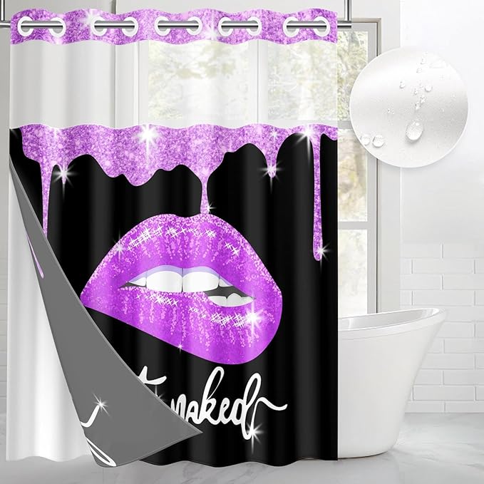 Purple Lips No Hook Shower Curtain with Snap in Liner, Diamond Glitter Get Naked Black Bath Curtain with Double Layers Waterproof Fabric and Mesh Top Window 71x74 Inch