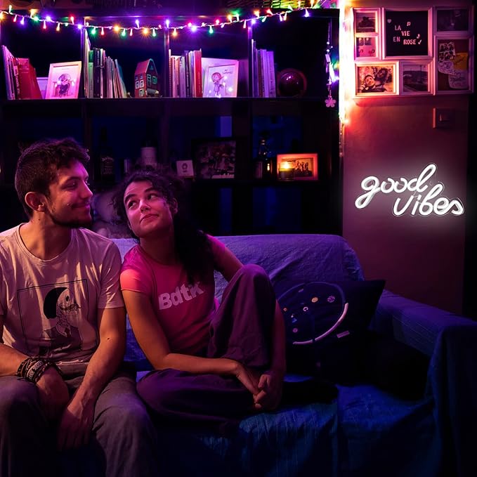Good Vibes Neon Sign, LED Neon Signs for Wall Decor, White Neon Lights for Bedroom & Party Art Decor, USB Powered Bright Neon Light for Lover, Friends