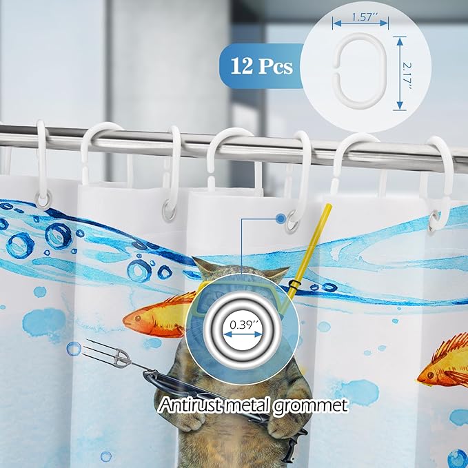 Funny Cat Shower Curtains for Bathroom - Sea Ocean Animal Underwater Tropical Fish Coral Seahorse Fun Bath Shower Curtain Set with 12 Hooks for Adults Kids Bathroom Decor Accessories, 72"x72"