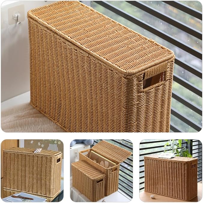 jojofuny Wicker Storage Baskets with Lids, Rattan Magazine Holder, Weave Sundries Basket, Woven Storage Container, for Storage, Living Room, Toy Organizing