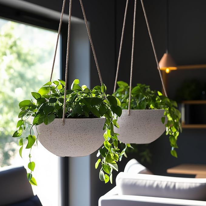 LA Jolie Muse Hanging Planters for Indoor Plants - Flower Pots Outdoor 10 inch Garden Planters and Pots,Speckled White Set of 2