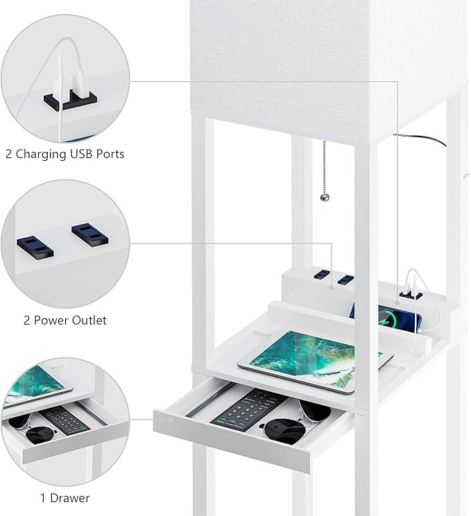 SUNMORY Dimmable Floor Lamp with Shelves,Modern Solid Wood Standing Lamp with 1 Drawer and 2 USB Ports & 2 Power Outlet,Corner Tall Bookshelf Lamp for Living Room and Bedroom(White)