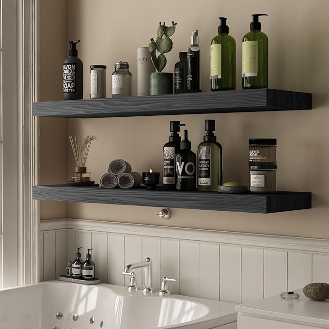 Floating Shelves for Wall - 36 x 9 Inch Wood Shelves for Bathroom, Bedroom, Kitchen Decor, Farmhouse Decor Set of 2, Black