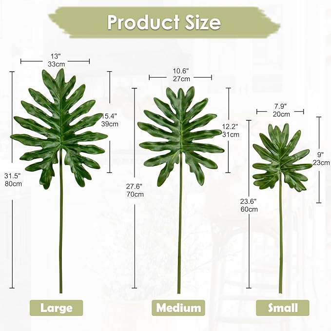 DILATATA 3 Pack Artificial Monstera Leaves with Long Stem for Vase - Fake Tropical Plants Split Palm Leaves Realistic Philodendron Leaves for Home Wedding Party Decor