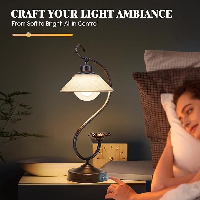 V05 Vintage Flower Table Lamp - Dimmable Nightstand Lamps with USB C+A Charging Ports, Farmhouse Touch Bedside Lamp, Unique Small LED Lamps for Bedroom, Living Room, Entry, Dining, Entryway