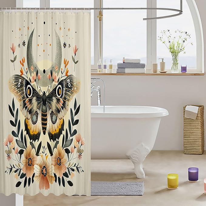 Feelyou Butterfly Fabric Shower Curtain Bohemian Moth Shower Curtain for Kids Boys Girls Moon Galaxy Bathroom Waterproof Accessories with 12 Hooks Flower Weed Botanical Curtains,72X78 Inches