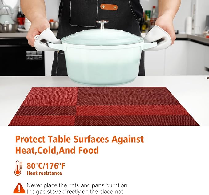 Placemats Set of 6,Washable,Heat and Stain Resistant Indoor/Outdoor Place mats, Vinyl Woven Non Slip Table Mats for Restaurant Table Protection, PVC Table Placemats.(red, 6PCS)