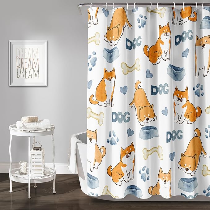 AILONEN Cute Dog Shower Curtain, Cartoon Shiba Inu Dog Bath Curtain,Pet Dog Paw Print Dog Lover Minimalist White Waterproof Curtain with 12 Plastic Hooks(72" W*84" H)