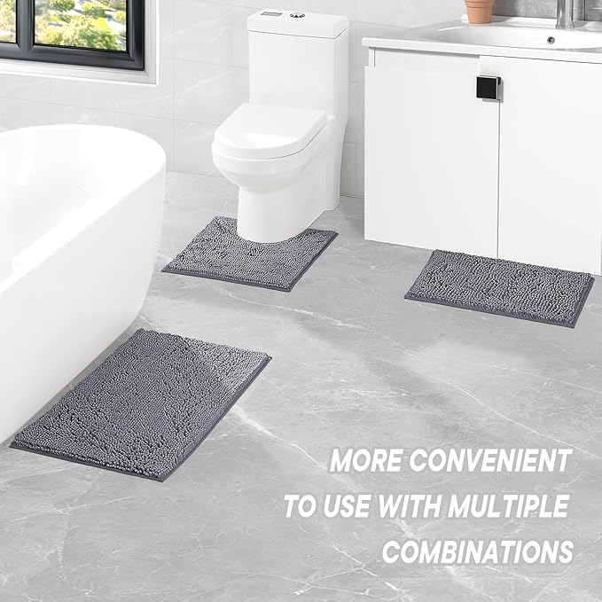 Bathroom Rugs 2 Pieces Chenille Bath Rug Mat, Extra Thick and Soft Absorbent Bath Rugs, Machine Washable, Non-Slip Plush Bath Mats for Tub, Shower, and, (Dark Gray, 32"x20"+U Shape 20"x20")