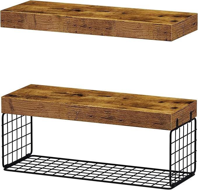 QEEIG Bathroom Shelves Over Toilet - Wall Mounted Floating Shelves Toilet Paper Storage Small Farmhouse Decor Shelf 16 inch Set of 2, Rustic Brown (019-BN2)