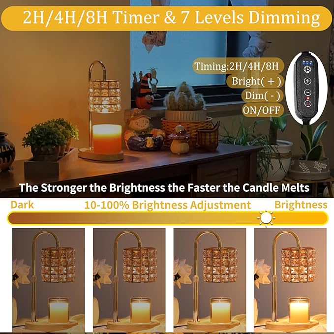 Candle Warmer Lamp, Adjustable Height Wax Warmer Lamp with 2 Bulbs Timer Dimmer, Candle Top Melting Compatible Jar Candles, Glass Candle Heater Lamp for Scented Wax, Gifts for Home Decor (Amber)