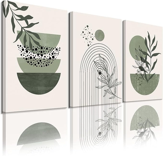 Sage Green Wall Posters & Prints, Green Boho Wall Art Set of 3, Minimalist Framed Wall Art Geometric Line Leaf Sun Moon Beige Green Canvas Artwork Paintings
