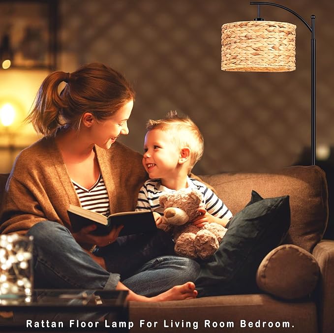 Floor Lamp for Living Room Bedroom Rattan Boho Arc Standing Lamp with Remote Dimmable Black Wicker Bamboo Lamp Shade Floor Light Adjustable Tall Lamp Farmhouse Industrial Floor Lamps Bohemian