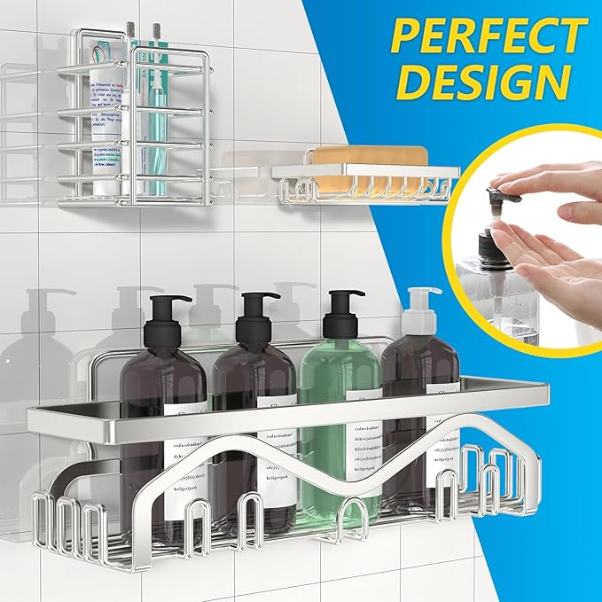 Coraje Shower Caddy, Shower Shelves [5-Pack], Adhesive Shower Organizer No Drilling, Large Capacity, Rustproof Stainless Steel Bathroom Shower Organizer, Shower Shelf for Inside Shower (Silver)