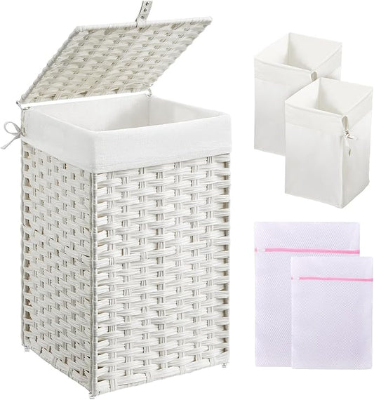 Greenstell Laundry Hamper with Lid, 60L Clothes Hamper with 2 Removable Liner Bags & 2 Mesh Bags, Handwoven Synthetic Rattan Basket, Toys in Bathroom, Bedroom White