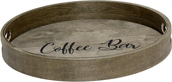 Elegant Designs HG2013-RGC Decorative 13.75" Round Wood Serving Tray w/Handles, Rustic Gray Coffee Bar