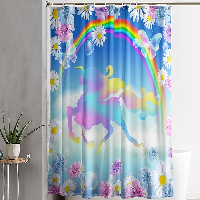 AILONEN Unicorn Shower Curtain, Kawaii Rainbow Unicorn Theme Bathroom Decor,Colorful Flower Butterfly Waterproof Fabric Shower Curtain Set for Girls Teens Kids,72" W*96" H