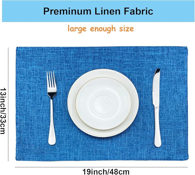 Weabetfu Cloth Placemats Set of 6 Heat Resistant Dining Table Placemmats Cotton Linen Machine Washable Kitchen Table Mats Wrinkle Free Thick Fabric Place Mats,Easy to Clean,13" x 19" Blue