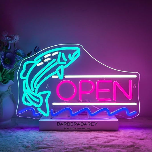 NEONLOVE Fish Neon Sign Fish Shop Neon Open Signs for Business Open Neon Signs Acrylic Fish Neon Light Sign for Fish Shop Supermarket Salmon Shop Open Light Up Sign Fish LED Neon Sign for Wall Decor