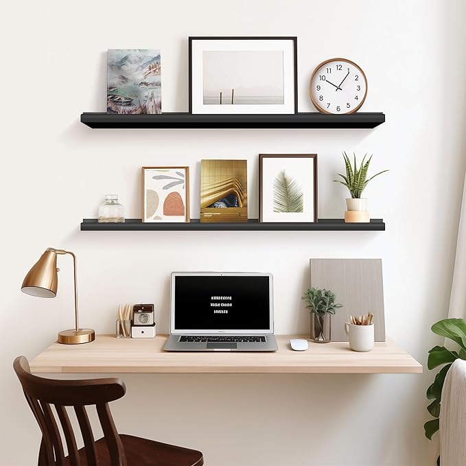 Annecy Floating Shelves Wall Mounted Set of 3, 36 Inch Black Rustic Wood Shelves for Wall, Wall Storage Shelves with Guardrail Design for Bedroom, Bathroom, Kitchen, Office, 3 Different Sizes