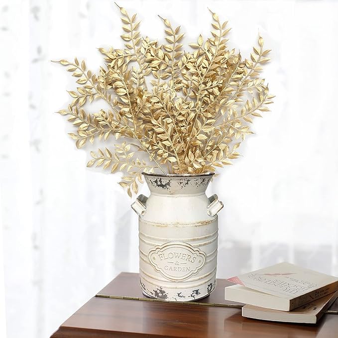Gold Leaves Decorations for Christmas Artificial Golden Plants Fake Leaf - 17 Inch 5 Pack, Faux Foliage Simulation Flowers Grass Xmas Decor Plant Bushes Indoor Outdoor Wedding Table Centerpiece DIY