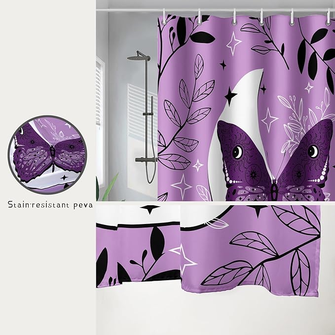 AILONEN Butterfly Shower Curtain for Bathroom Sun and Moon Purple Boho Bath Curtain 72" W*84" H Polyester Fabric Waterproof Bathroom Curtain with 12 Hooks