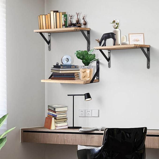AGM Floating Shelves, Bathroom Shelf Set of 2, Rustic Wood Wall Mounted Shelf for Storage&Room Decor, Floating Shelf for Plants, Book, Bathroom, Bedroom, Kitchen, Office, Living Room(Light Brown)