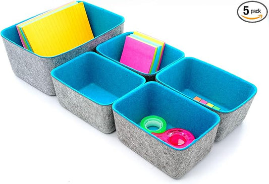 Welaxy office Drawer organizers bins Deep draw organiser Felt storage bin drawers Desk draw dividers boxes for toys makeup jewelery rolled ties organizing 5 pack (Turquoise)