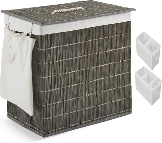 Laundry Hamper with Lid, 42.3 Gallon (160L), Handwoven Rattan Laundry Basket, 3-Section Clothes Hamper with Handles, 2 Removable Liner and Side Pocket, Grey