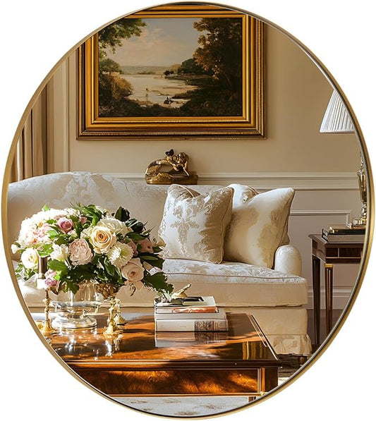 ANDY STAR Round Gold Mirror, 30'' Brass Mirror with Brushed Gold Frame, Wall Mounted Stainless Steel Metal Frame Round Mirror for Bathroom, Living Room, Bedroom