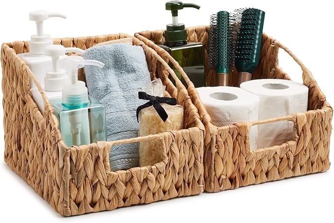EZOWare Woven Open Front Storage Baskets, Natural Water Hyacinth Wicker Storage Trapezoid Organizer Bin Boxes with Handles for Closet Clothes Kids Room Nursery, Empty Decorative Gift - Set of 2