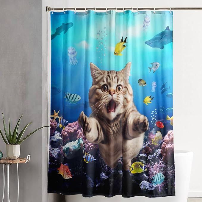 AILONEN 3D Swimming Cat Shower Curtain Set,Coral Bath Curtain for Kids Girls Boys,Sea Animals Ocean Theme Shower Curtain,Cat Lovers Animal Shower Curtains for Bathroom Decor, 60" W*72" H