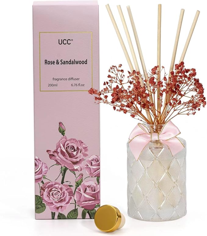 UCC Premium Reed Diffuser Set with Preserved Flower Reed Sticks, 6.76 fl oz Rose & Sandalwood Scented Room Diffuser Home Fragrance Essential Oil Reed Diffuser for Bedroom Bathroom Home Décor Office