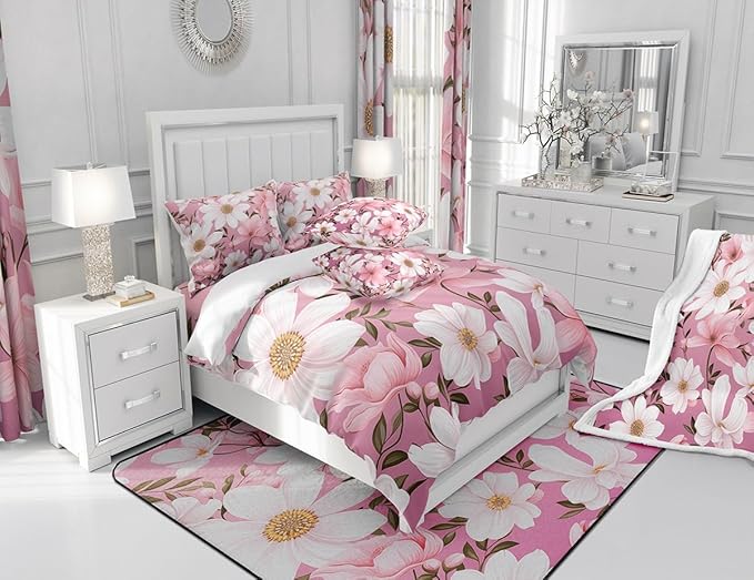 Feelyou Flower Fabric Shower Curtain for Kids Boys Girls Pink Floral Bathroom Waterproof Accessories with 12 Hooks Flower Botanical Shower Curtain Nature Plants Curtains,72x84 Inches