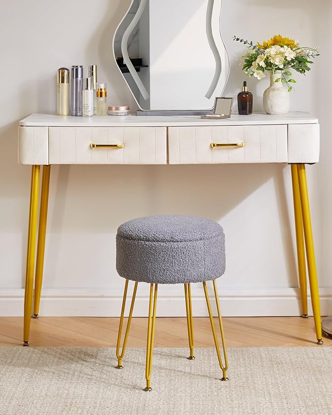IBUYKE Teddy Velvet Storage Footrest Stool Ottoman, Makeup Vanity Stool Side Table with Removable Cover, Golden Steel Legs, Coffee Table Top Cover, Gray WBD010G