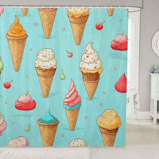Feelyou Ice Cream Fabric Shower Curtain for Girls Boys Kids Blue Cartoon Bathroom Waterproof Accessories with 12 Hooks Cherry Shower Curtain Yummy Food Curtains,72x72 Inches