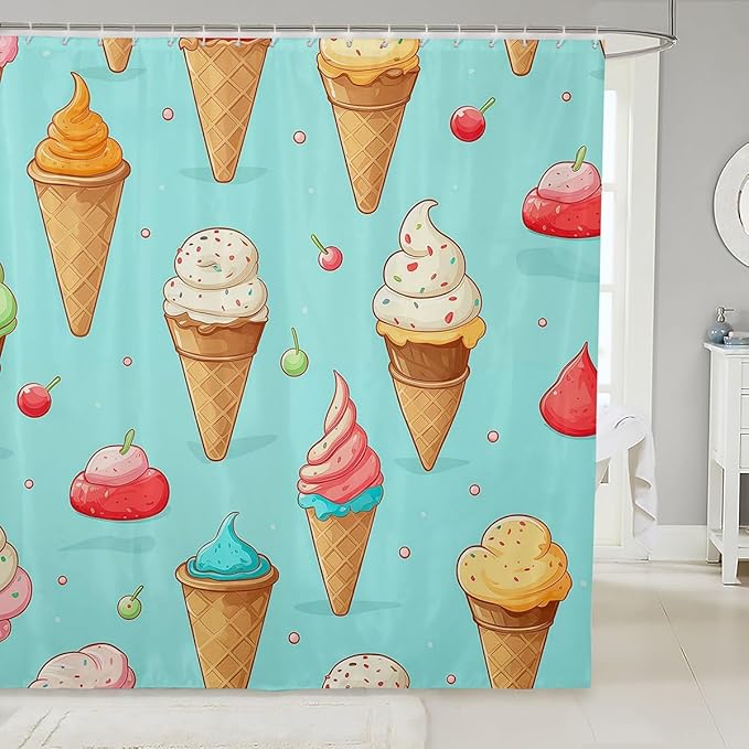 Feelyou Ice Cream Fabric Shower Curtain for Girls Boys Kids Blue Cartoon Bathroom Waterproof Accessories with 12 Hooks Cherry Shower Curtain Yummy Food Curtains,72x78 Inches