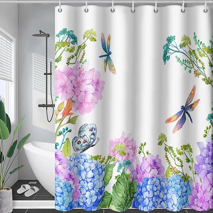 AILONEN Purple Blue Floral Shower Curtain,Watercolor Flower Leaves Wildflower Decorative Bath Curtain 72" W*84" H Polyester Fabric Waterproof Bathroom Curtain with 12 Plastic Hooks