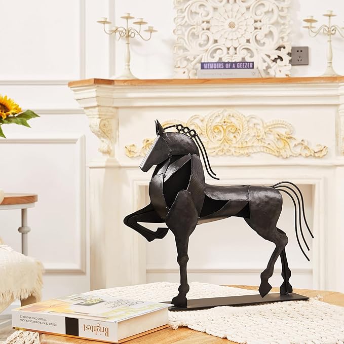 Horse Statue, Unique Metal Art Sculpture for Vintage Home Decor, Modern Decor, Gift for Horse Lovers (Black)
