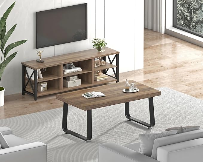 HSH Farmhouse Modern Simple Oak Center Table - Industrial Minimalist Rectangle Living Room Coffee Table, Wood and Metal, Rustic Oak, 39 in